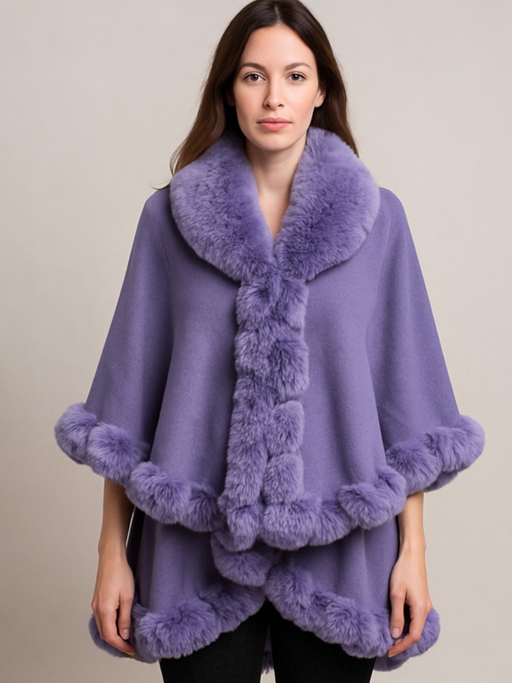 Lavender Faux-Fur Trim Cape Sweater - Women
